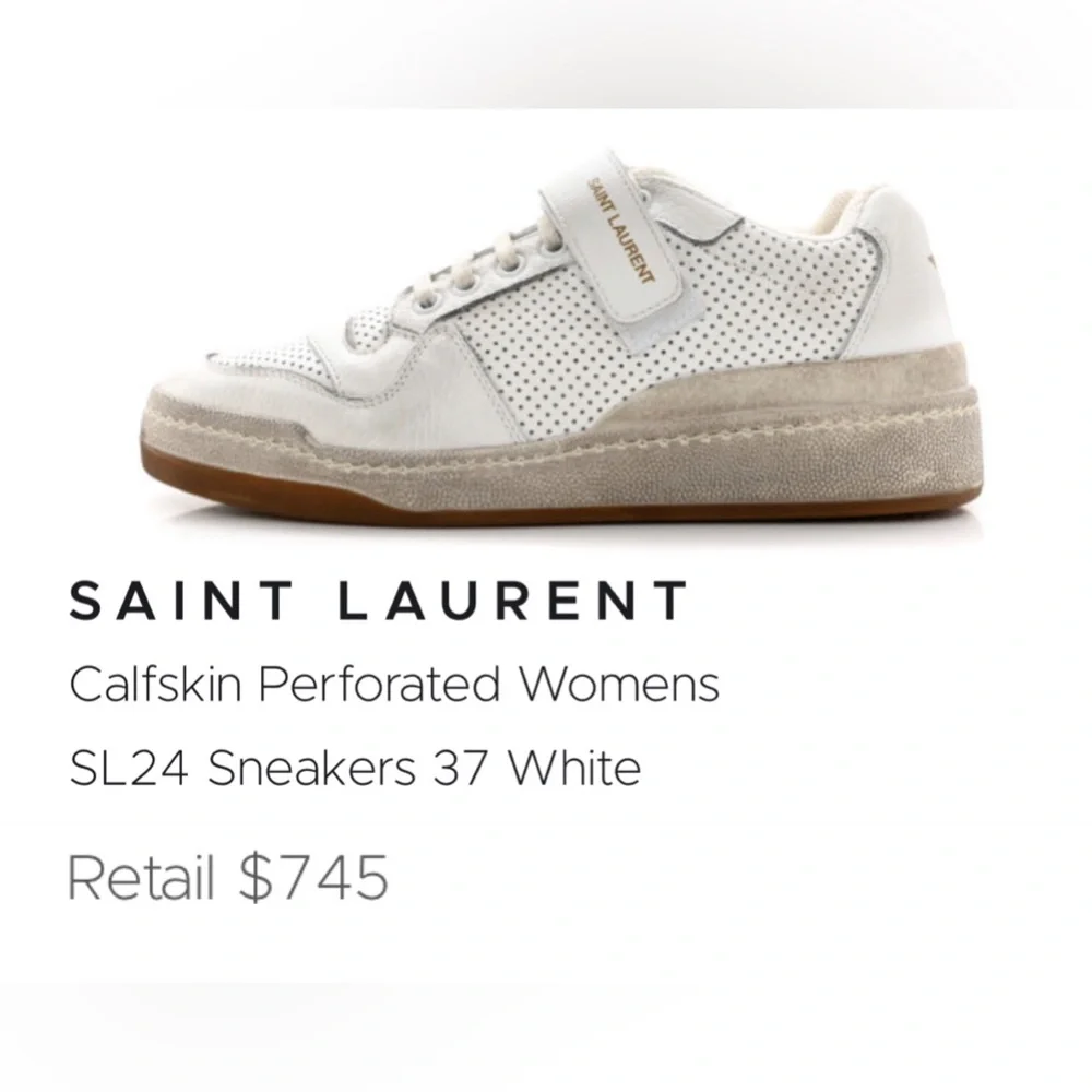 Saint Laurent SL24 Sneakers 37 White Calfskin Perforated Womens - Picture 1 of 6